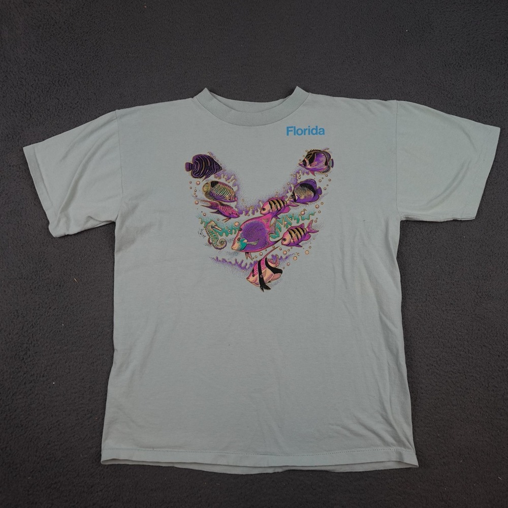 Vintage Florida Shirt Mens Large Blue Fish Ocean Sea Life Eagle USA Single Sitch